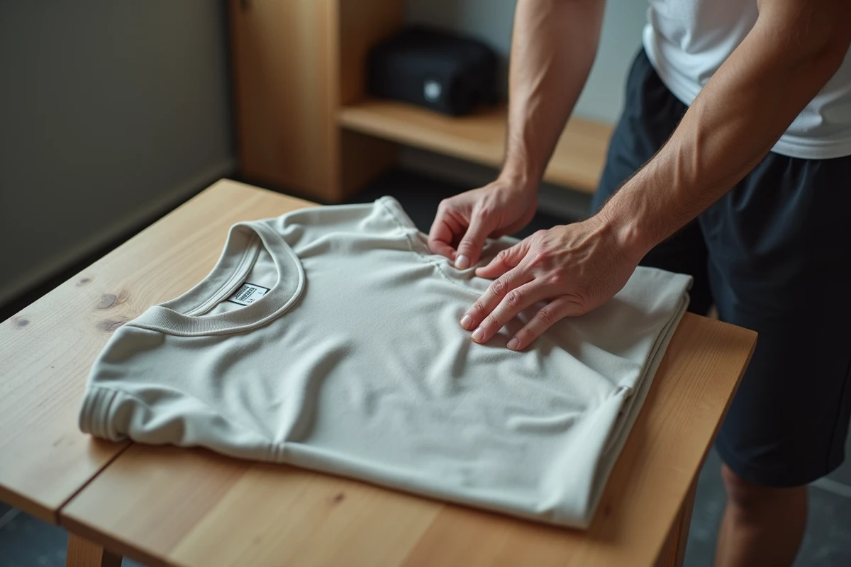 Homme inspectant les coutures plates d'un t-shirt CrossFit anti-frottement posé sur une table en bois dans un vestiaire
