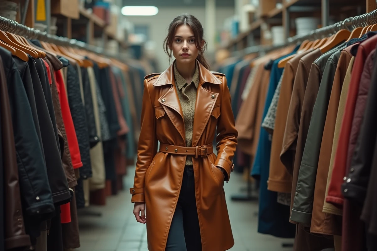 Femme mince portant une veste en cuir cognac vintage années 70 avec ceinture dans un marché de vêtements vintage