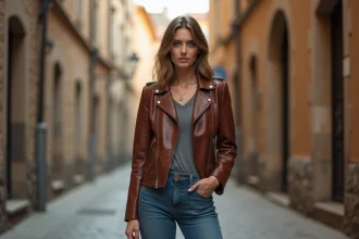 Femme portant une veste en cuir marron vintage coupe biker dans une rue pavée européenne en automne