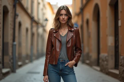 Femme portant une veste en cuir marron vintage coupe biker dans une rue pavée européenne en automne