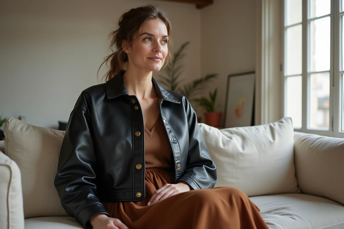Femme aux courbes généreuses en veste en cuir noire vintage oversize assise dans un appartement parisien minimaliste