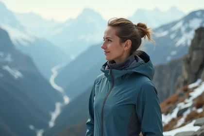 Femme portant une veste technique de montagne avec membrane imperméable sur une crête rocheuse enneigée, illustrant les technologies textiles avancées des marques outdoor en 2026.